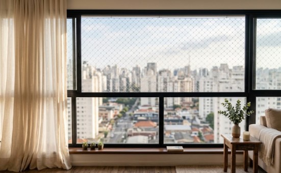 Rede de proteção instalada em janela de apartamento em Curitiba