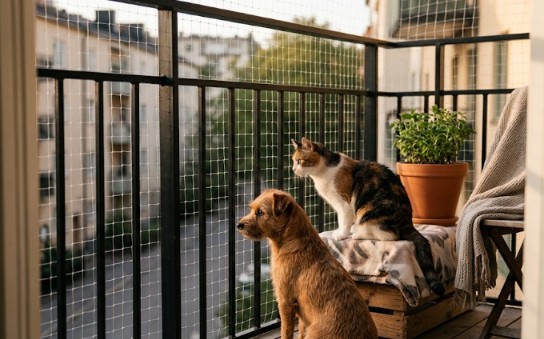 Rede de proteção para pets instalada em sacada com cão e gato em Curitiba